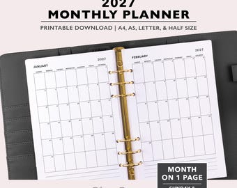 2027 Monthly Planner Inserts, Month on One Page Dated Calendar, Printable PDF files for A4 | A5 | Letter & Half Size, Digital Download