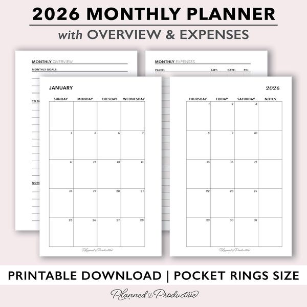 2026 Monthly Planner Printable, Month on 2 Pages w/ Overview & Expenses, Small Monthly Calendar Template for Pocket Rings Size Planners