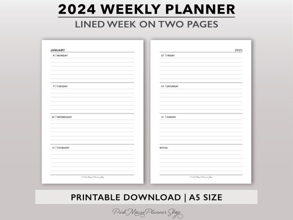 2024 Lined Weekly Planner Printable, 2024 Planner Template, Weekly Calendar  for Ringed Binders, A5 Week on 2 Pages Ruled Agenda Refill PDF 