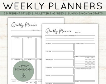 Weekly Planner Printables | Goals, Habits, Quotes, Gratitude & Notes | Undated Productivity Planners to Achieve Goals