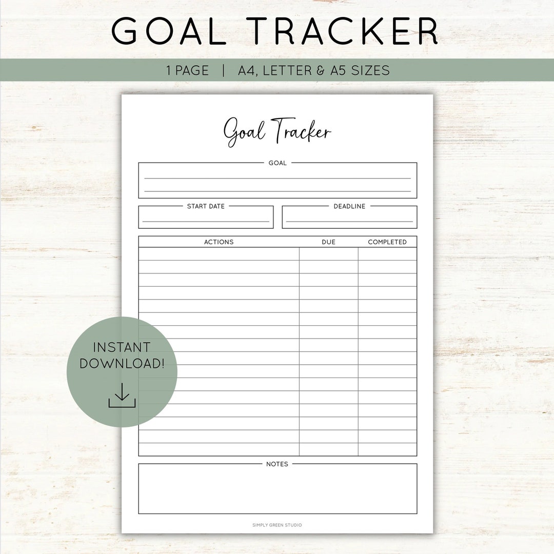 Goal Tracker Printable Goal, Deadline, Actions, Due Dates, &amp; Notes ...