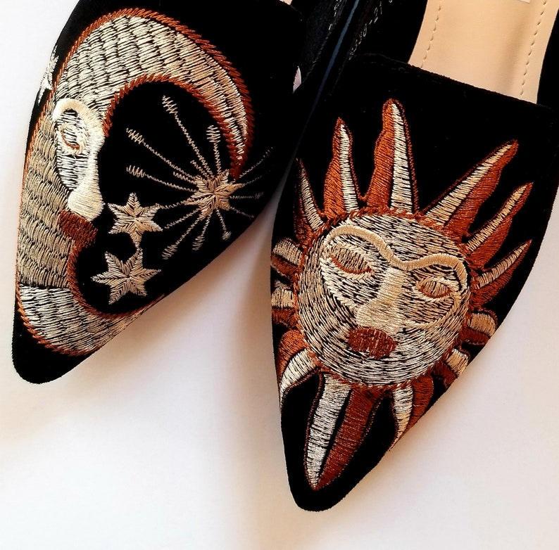 Witchy Embroidered Moon + Sun Mules, Witchy Shoes, Witchy Clothing, Witch Shoes, Mules, Witch, Occult, Boho Chic, Celestial 