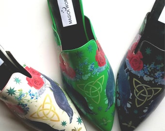 Faerie Triquetra Mules, Witchy Shoes, Witchy Clothing, Witch Shoes, Mules, Witch, Occult, Boho Chic, Celestial