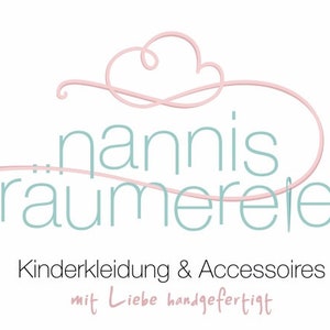 Op de afbeelding: Een logo voor een kinderkleding- en accessoirewinkel genaamd "Nannis Traumereien". Het logo toont een roze wolk met een handschrift en de tekst "Kinderkleidung & Accessoires mit Liebe handgefertigt".