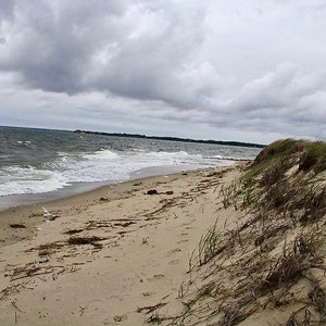 Może przedstawiać: Piaszczysta plaża z trawiastą wydmą na pierwszym planie. Ocean znajduje się w tle z białymi falami. Niebo jest zachmurzone szarymi chmurami.