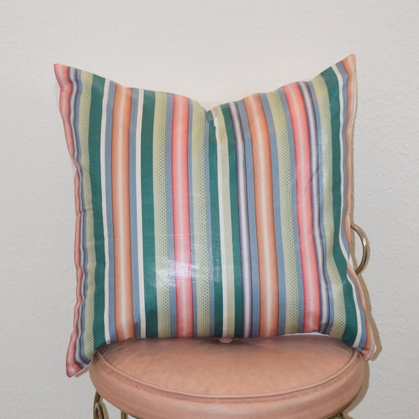 Green, Blue, Rose and White Striped Polished Cotton 'Schumacher' 18" Pillow Cover with Invisible Zipper - 2 Available
