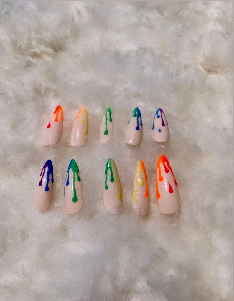 Dripping Rainbow Tip Press on Nails Short nails to extra | Etsy