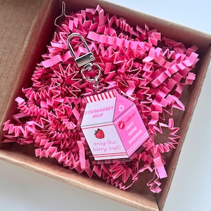 Strawberry Milk Carton Keyring | Plant Based Vegan Fruit Cute Retro Red Pink Dairy Gift