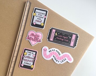 Mini Sticker Pack of 5 Book Kindle Themed Stickers Bookworm Reading Gift Booktok Bookish Pink Water Resistant Phone Laptop Decal