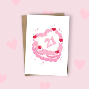 Joyeux 21e anniversaire Carte d'anniversaire A6 | Le gâteau rétro aux cerises scintille de rose pour petite amie, sœur adolescente, fille nièce et petite-fille