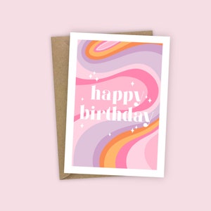 Tarjeta de feliz cumpleaños genial, estética de los años 70, rosa, lila, morado, naranja brillante, tarjeta A6 para ella