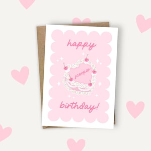 Carte de joyeux anniversaire du zodiaque | Signe du zodiaque Retro Cherry Cake Sparkles Pink A6 Greetings for Girl Friend