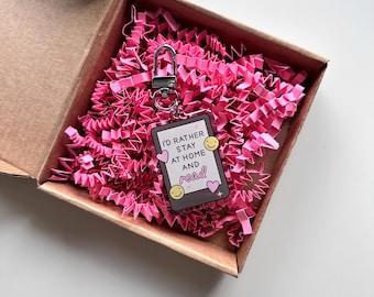 I’d Rather Stay At Home And Read Keyring | Book Kindle Lover Reading Booktok Pink Smiley Bookish Book Club Gift