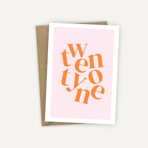 Vingt et un joyeux 21e anniversaire carte jalon simple typographie rose orange girly moderne A6
