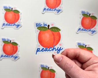 Life Is Peachy Matte Sticker | Fruit Peach Summer Cute Pink Blue Happy Positivity Good Vibes Positive Phone Laptop Decal