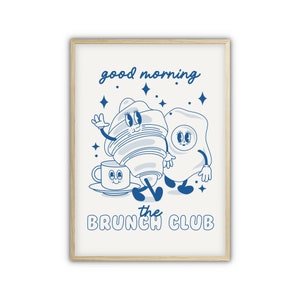 Club de brunch Desayuno Croissant Huevo frito Taza de café espresso Dibujos animados retro vintage Smiley Cocina Impresión Arte de pared Decoración Y2K