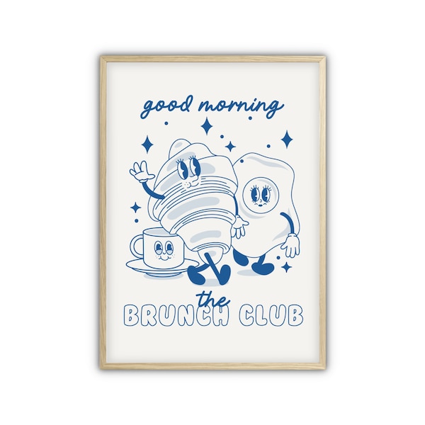 Brunch Club Breakfast Croissant Fried Egg Espresso Coffee Cup Retro Vintage Cartoon Smiley Kitchen Print Wall Art Y2K Decor