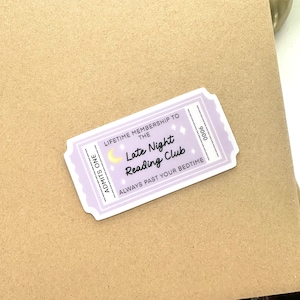 Late Night Reading Club Book Lover Reading Gift Admittance Ticket Matte Sticker Lilac Purple Moon Stars Phone Laptop Decal