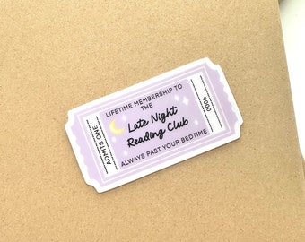 Late Night Reading Club Book Lover Reading Gift Admittance Ticket Matte Sticker Lilac Purple Moon Stars Phone Laptop Decal