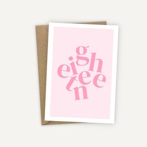 Dieciocho Feliz 18 cumpleaños Tarjeta Hito Tipografía simple Rosa Femenino moderno A6