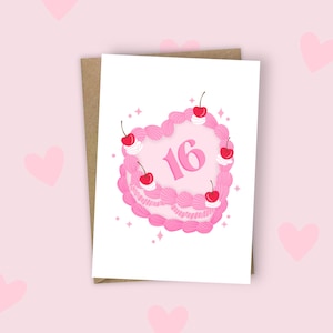 Joyeux 16e anniversaire Carte d'anniversaire A6 | Le gâteau rétro aux cerises scintille de rose pour petite amie, sœur adolescente, fille nièce et petite-fille