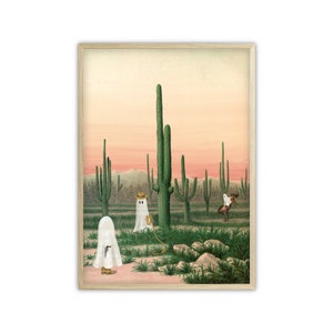 Painted Ghosts Cactus Desert Cowboy Rodeo Horse Botanical Plant Scene Wall Print Vintage Art Pink Orange Spooky Altered Art