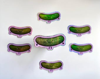 Dill Pickle Glitter Sticker | Holographic Cute Smiley Pink Waterproof Pickle Lover
