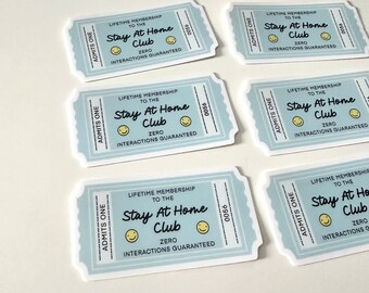 Stay At Home Club Book Introvert Admittance Ticket Die Cut Sticker Blue Smiley UV Water Resistant Phone Laptop Decal