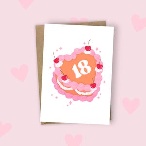 Joyeux 18e anniversaire Carte d'anniversaire A6 | Le gâteau rétro aux cerises scintille de rose pour petite amie, sœur adolescente, fille nièce et petite-fille