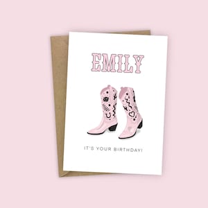 Carte d'anniversaire personnalisée, bottes de cow-boy, cow-girl de rodéo esthétique, or rose A6