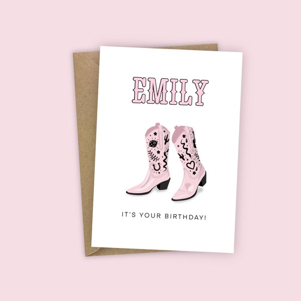 Tarjeta de cumpleaños personalizada, botas de vaquero, rodeo, vaquera, estética, oro rosa, A6