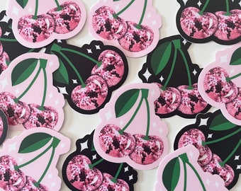 Disco Ball Cherries Sparkles Pink Black Green Die Cut Sticker UV Water Resistant Motivational Lucky Phone Laptop Decal