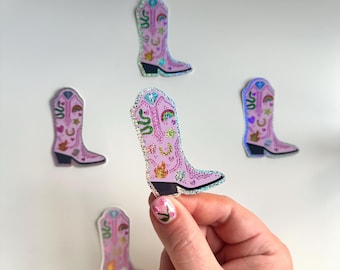 Cowgirl Cowboy Boot Holographic Glitter Sticker | Rodeo Snake Rainbow Dice Gem Lucky Horseshoe Star Pink Gold Sticker Laptop Phone Decal