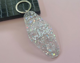 Good Vibes Only Motel Acrylic Keyring Silver Holographic Glitter Resin Positive Quote Gift