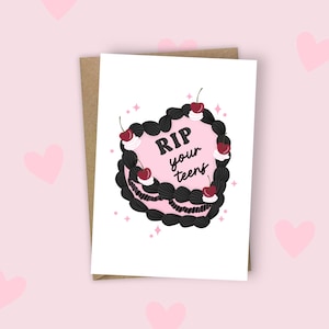 Joyeux 20e anniversaire carte d'anniversaire de RIP de <br> Profitez-en ! Gâteau vintage rétro rigolote jeu de mots jalon rose girly goth moderne A6