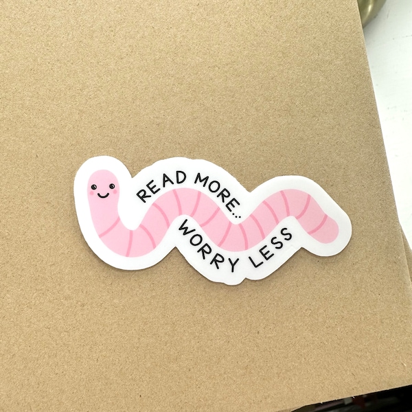 Bookworm Read More Worry Less Book Lover Reading Gift Die Cut Worm Sticker Pink Black UV Water Resistant Phone Laptop Decal