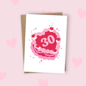 Joyeux 30e anniversaire Carte d'anniversaire A6 | Un gâteau aux cerises rétro qui scintille en rouge et rose pour petite amie, soeur adolescente, fille nièce et petite-fille