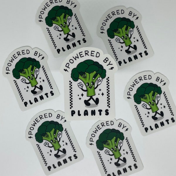 Powered By Plants Retro Broccoli Vegetarian Vegan Plant Based Sticker Character Y2K Art Aesthetic Matte Laptop Phone Decal