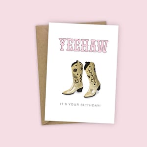 Yeehaw, c'est votre anniversaire, carte d'anniversaire, bottes de cow-boy, cow-girl de rodéo, or rose esthétique A6