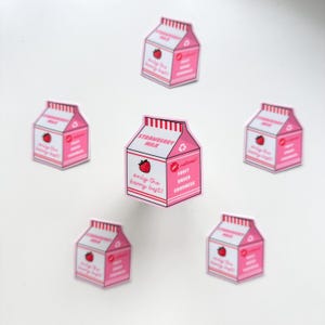 Strawberry Milk Carton Matte Sticker | Milkshake Fruit Cute Retro Pink Water Resistant Phone Laptop Decal
