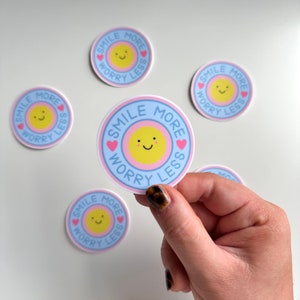 Smile More Worry Less Smiley Circle Matte Die Cut Sticker UV Water Resistant Motivational Self Love Phone Laptop Decal