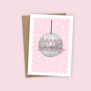 Tarjeta de felicitación de cumpleaños tamaño A6 con bola de discoteca brillante con borde festoneado en color rosa plateado para novia, hermana, fiesta, animal fantástico