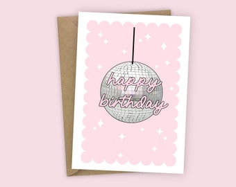 Happy Birthday Disco Ball Sparkles Silver Pink Scallop Edge A6 Greetings Birthday Card For Girl Friend Sister Party Animal Groovy