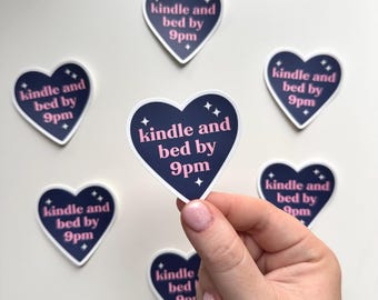 Kindle And Bed By 9pm Sticker | Heart Bookworm Sleepy Tired Girl Book Lover Reading Bookish Booktok Pink Phone Laptop Decal