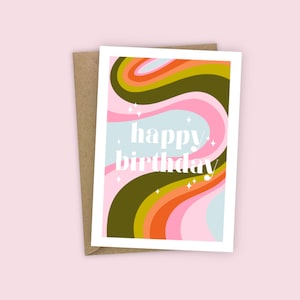 Tarjeta de feliz cumpleaños con estilo años 70, estética rosa, verde, naranja, azul brillante, tamaño A6