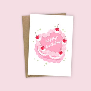 Happy Birthday Retro Cherry Cake Sparkles Pink A6 Greetings Birthday Card For Girl Friend Sister