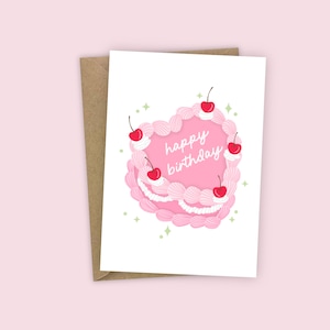 Carte de voeux de joyeux anniversaire Retro Cherry Cake Sparkles Pink A6 pour petite amie et soeur