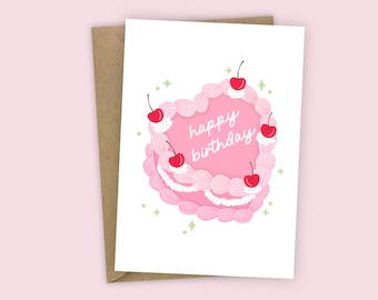 Happy Birthday Retro Cherry Cake Sparkles Pink A6 Greetings Birthday Card For Girl Friend Sister