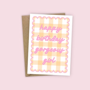 Feliz cumpleaños, hermosa niña, tarjeta de felicitación de cumpleaños A6 con borde festoneado de cuadros vichy rosas para novia, hermana, estética divertida y genial