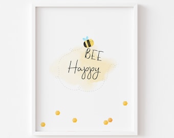 Bee happy print/ Printable Bee art/ Bee Wall Decor/ Bee Art Print/ Honey Bee Decor/ Honey Bee Art/ Bee Drawing/ Honeybee Art